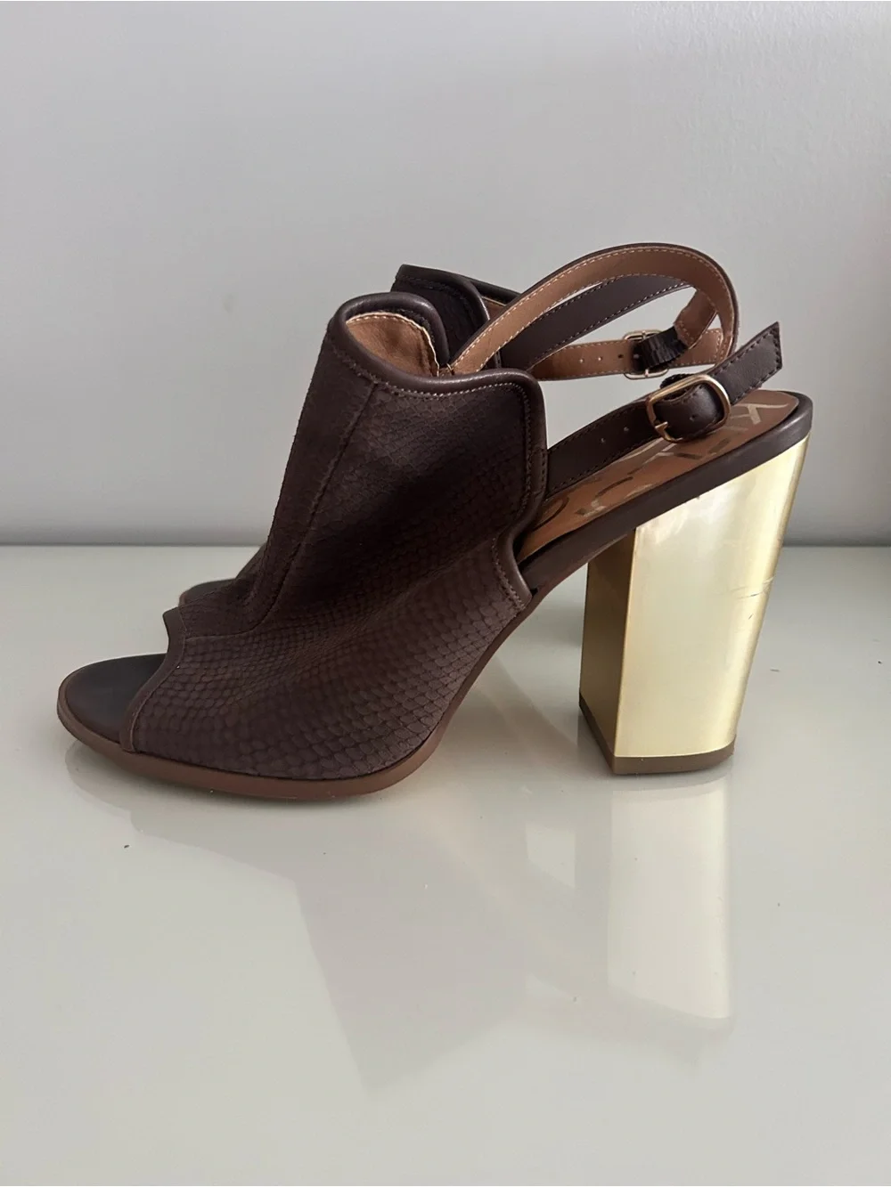 Kelsi Dagger Brown Slingback Heels with Gold Block Heel